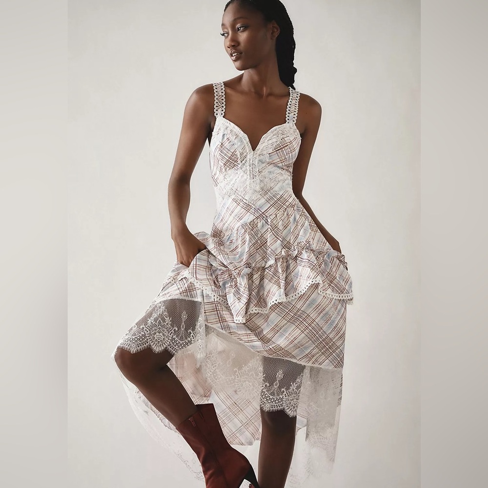 Anthropologie White Plaid Lace Midi Dress